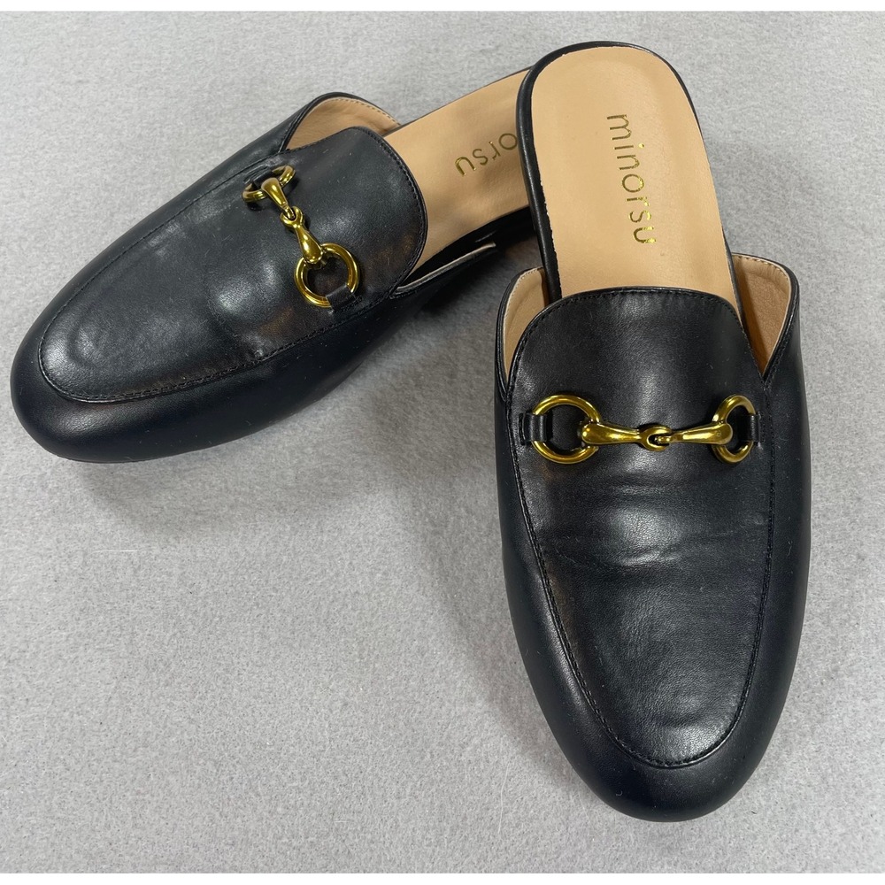 Minorsu Womens Mules Horsebit Loafers Black Faux Leather 6